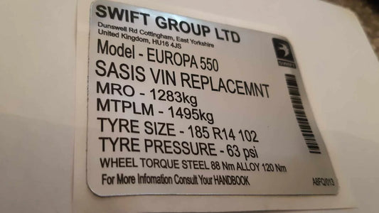 Swift Caravan VIN stickers decals & Plates SASIS UK