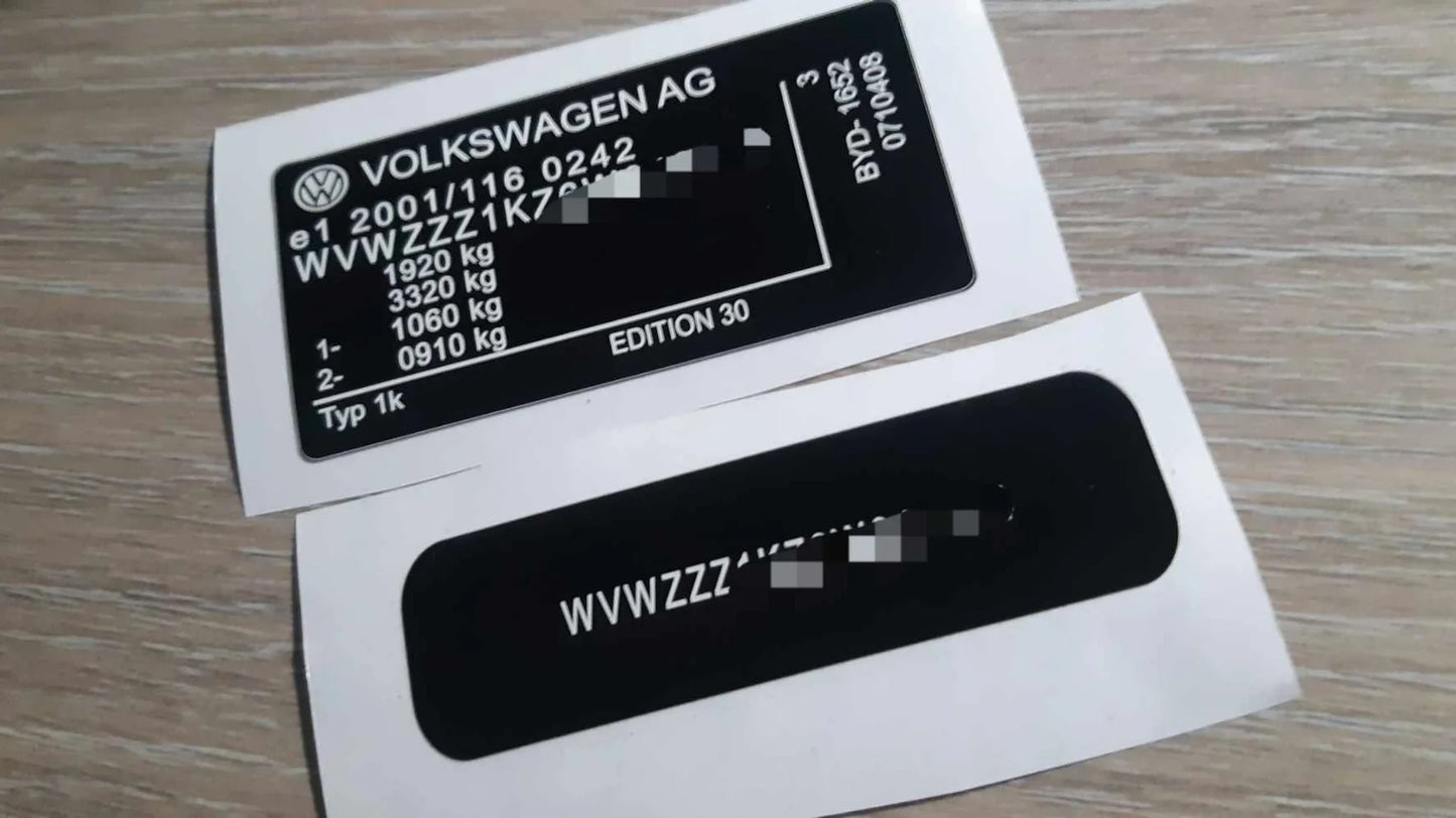 VW AG VIN stickers decals & Plates SASIS UK